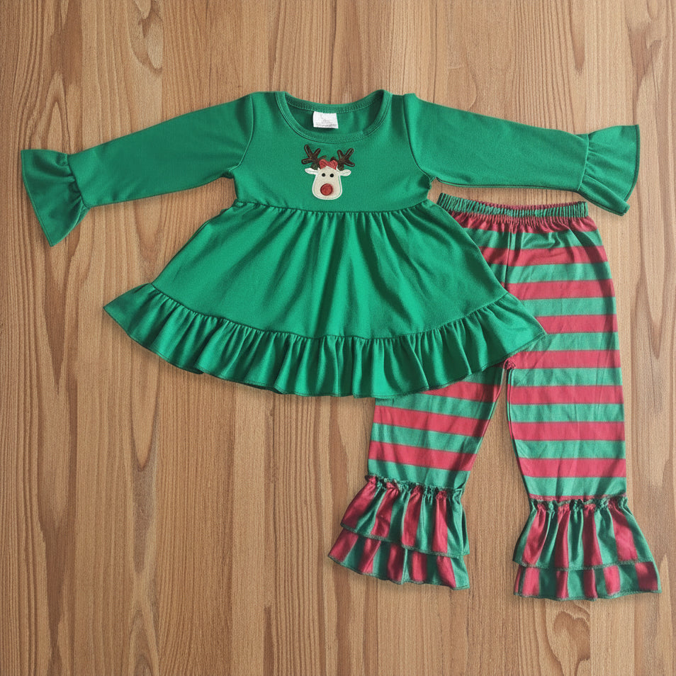 girl christmas outfit reindeer embroidery red green stripe pants set
