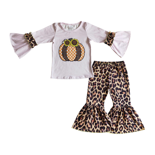 girl fall pumpkin print outfit leopard pants set