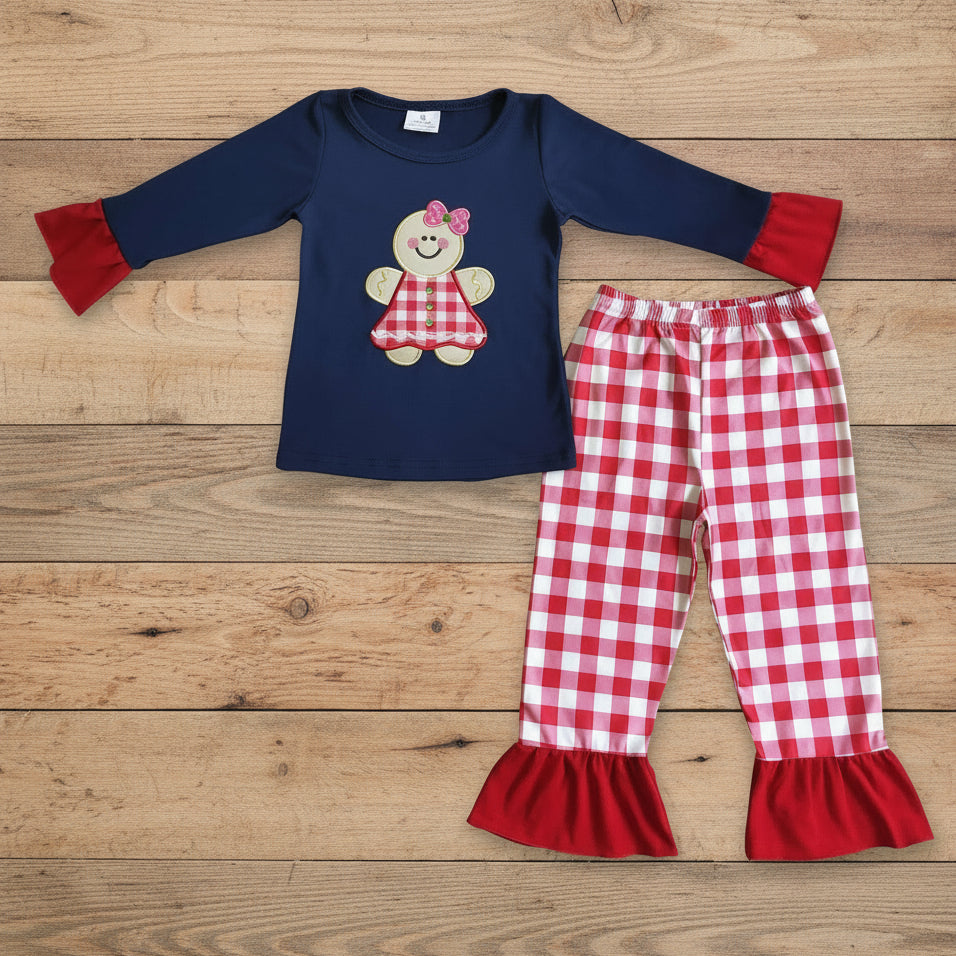 girl christmas gingerbread embroidery outfits red plaid pants set