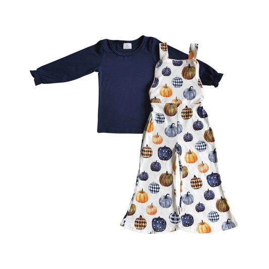 girl fall navy blue shirt multi pumpkin overall pants set