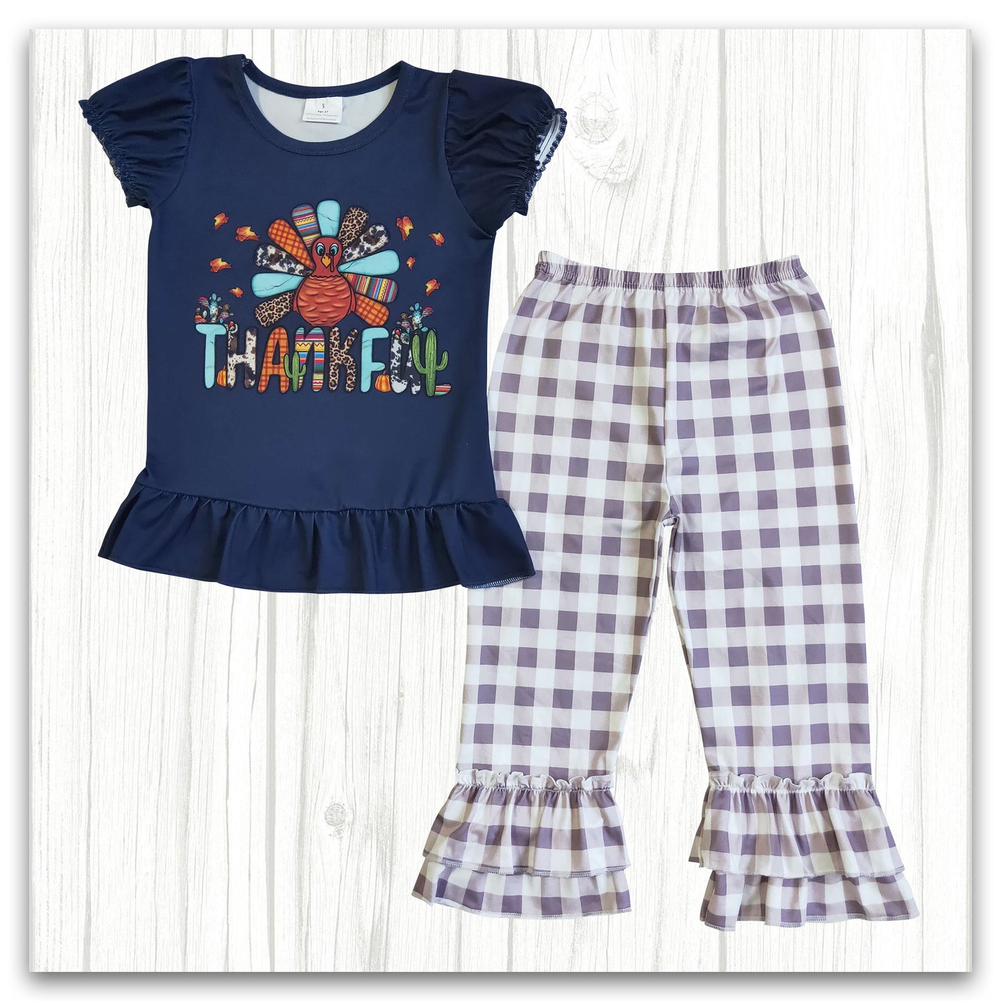 thanksgiving day turkey print outfit plaid pants set