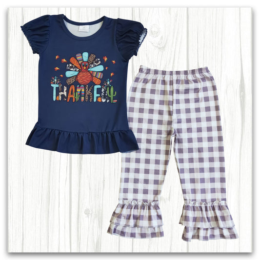 thanksgiving day turkey print outfit plaid pants set