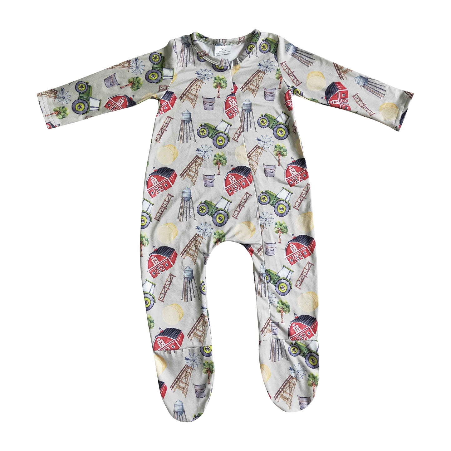 farm print baby romper with zip