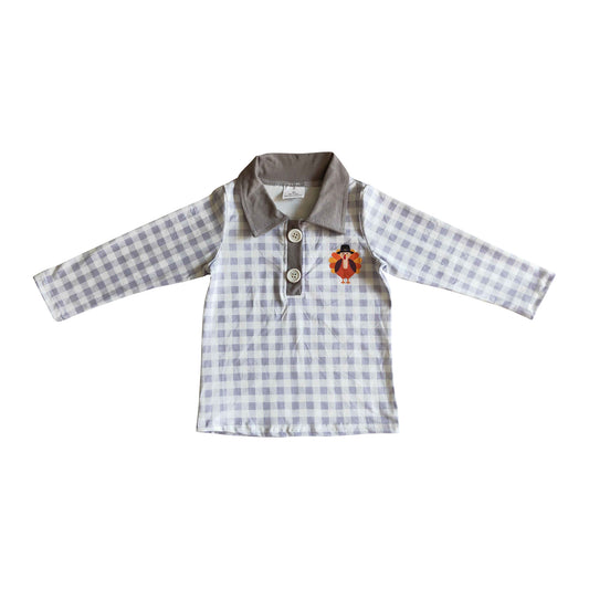 boy thanksgiving day turkey print grey plaid shirt with button