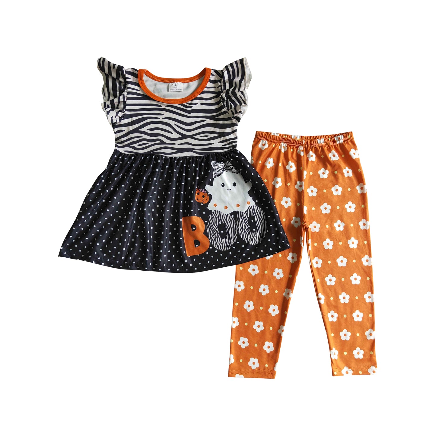 kids girl halloween peal zebra black dots top floral leggings boo outfit