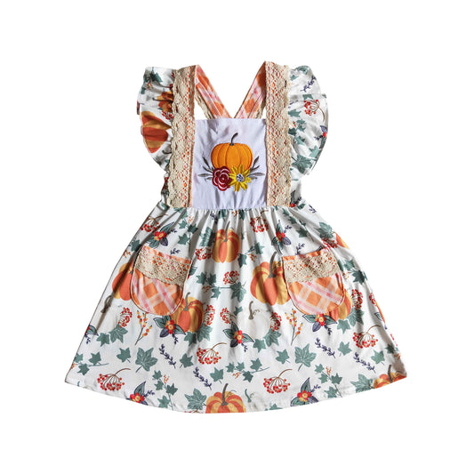 fall pumpkin embroidery pocket lace dress girls boutique