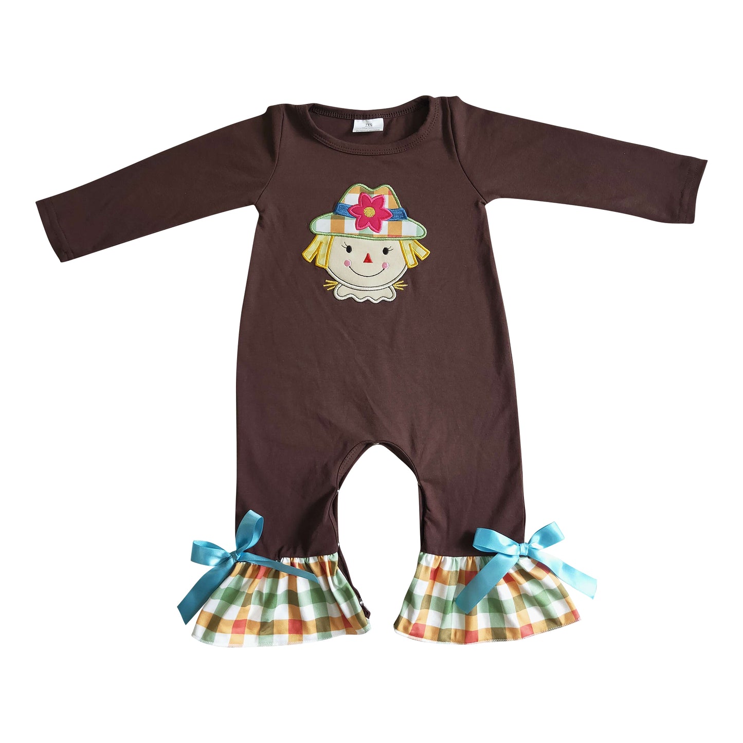 baby girl scarecrow embroidery brown ruffle romper for fall