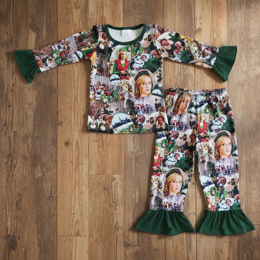 girl's clothes elf green ruffle pajamas set for christmas