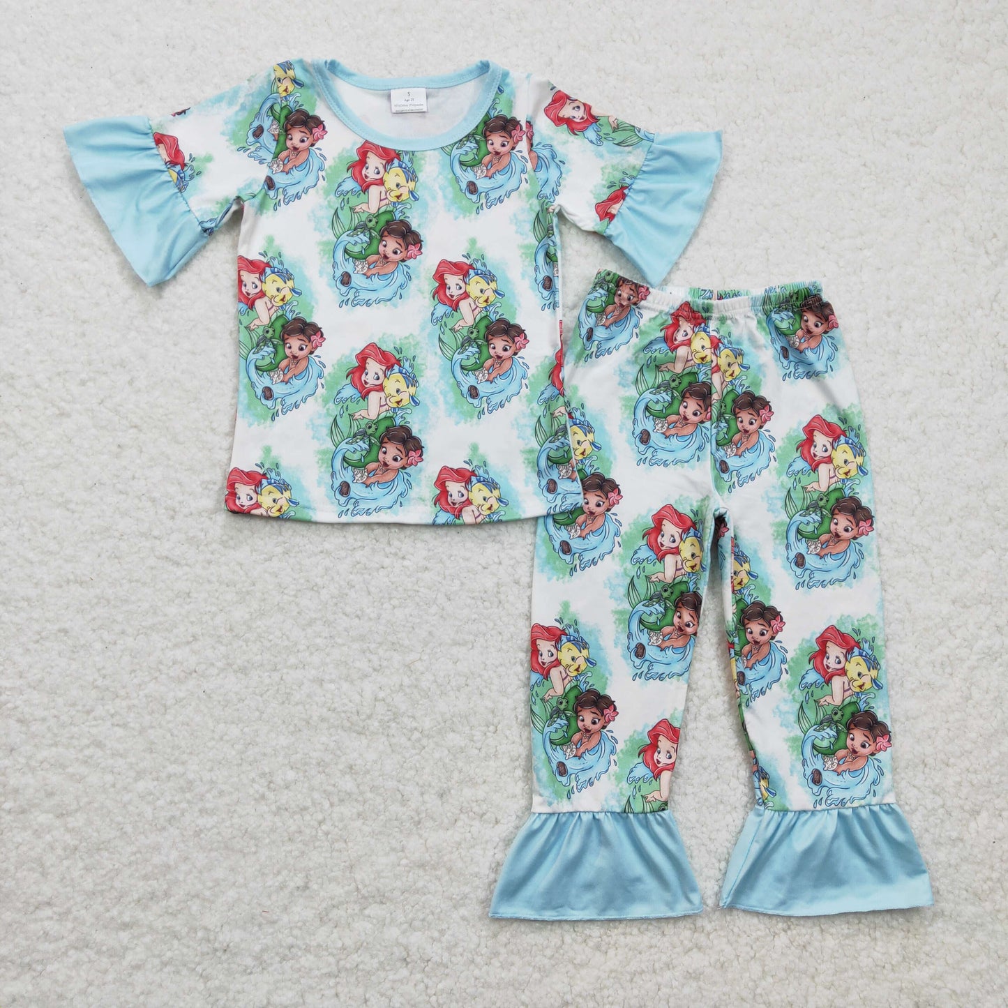 blue short sleeve ruffle pajama outfit mermaid