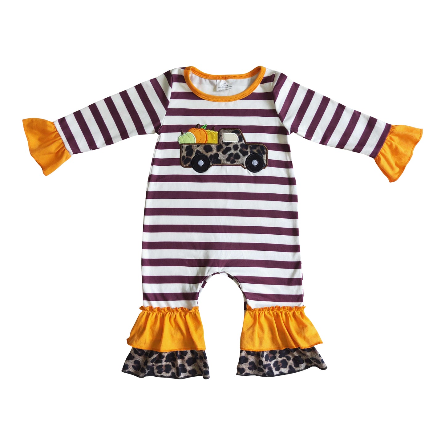 baby girl pumpkin truck embroidery stripe ruffle romper for fall