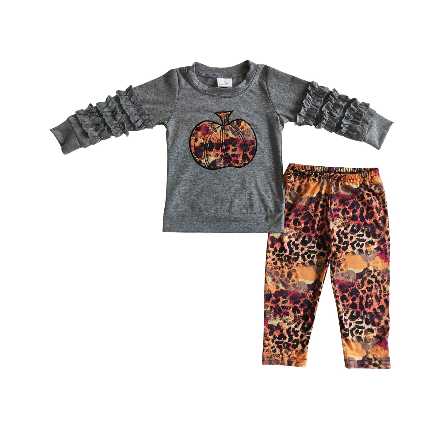 grey ruffle shirt leopard pumpkin embroidery outfit fall clothes set for girl