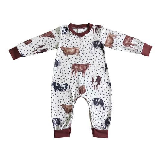 infant boy long sleeve farm cow dots romper