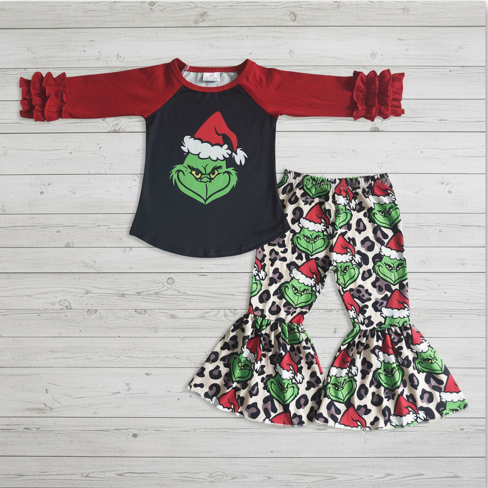 girl red black leopard with grinchey christmas outfit