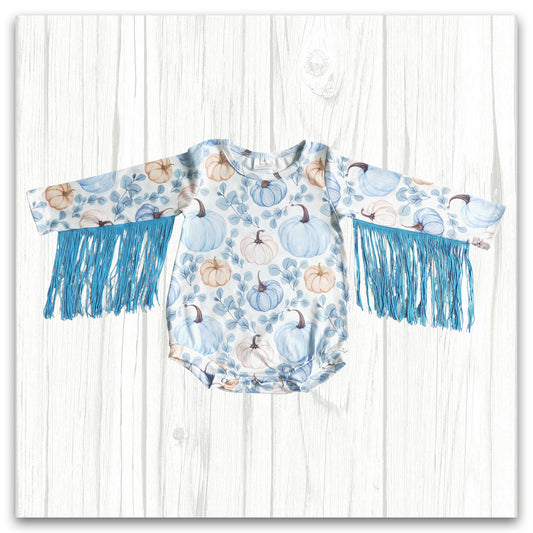 infant fall blue pumpkin fringe romper