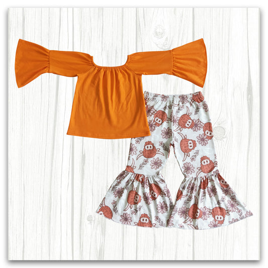girl cotton orange top highland cow bells outfit
