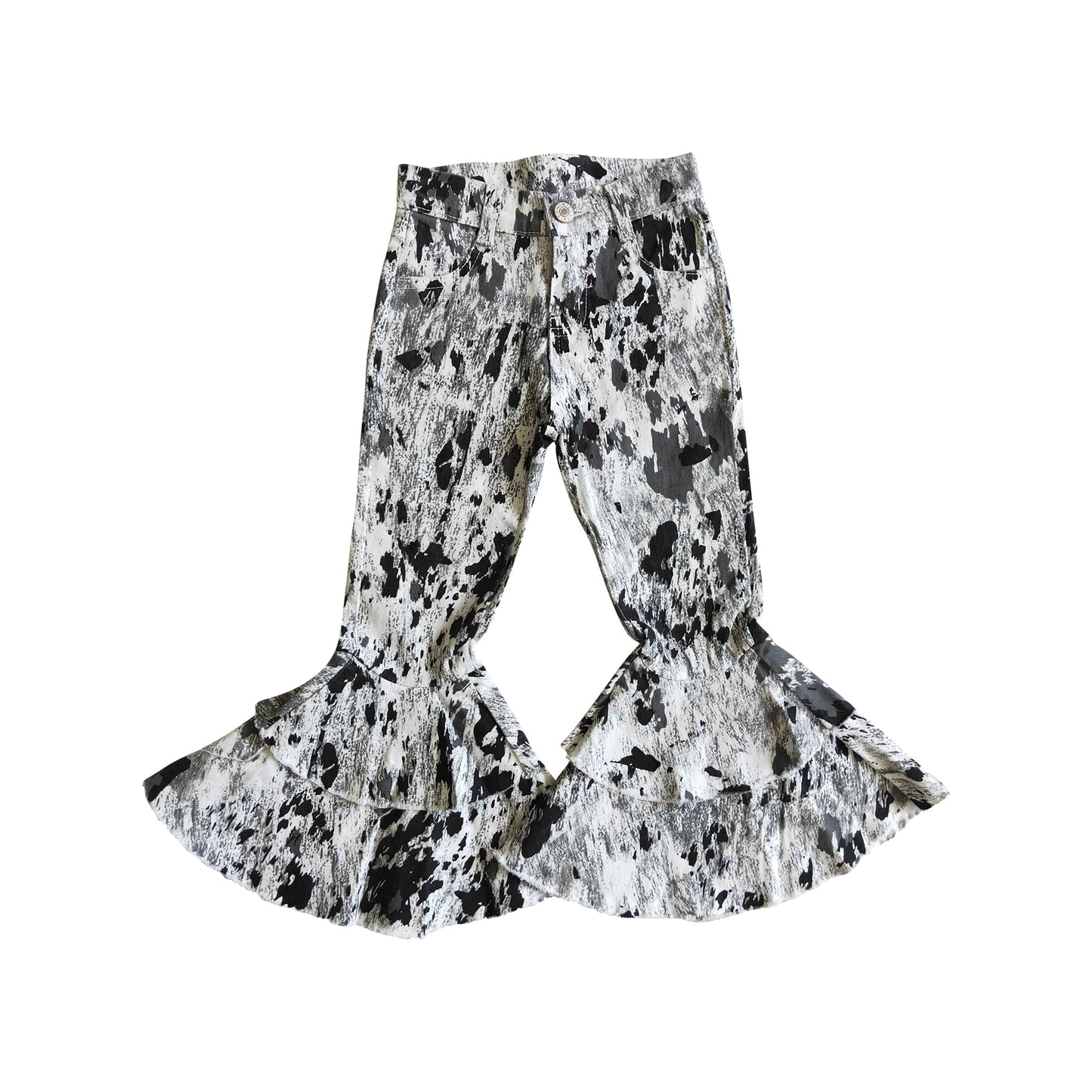 black and white spotted cowhide flared ruffle pants