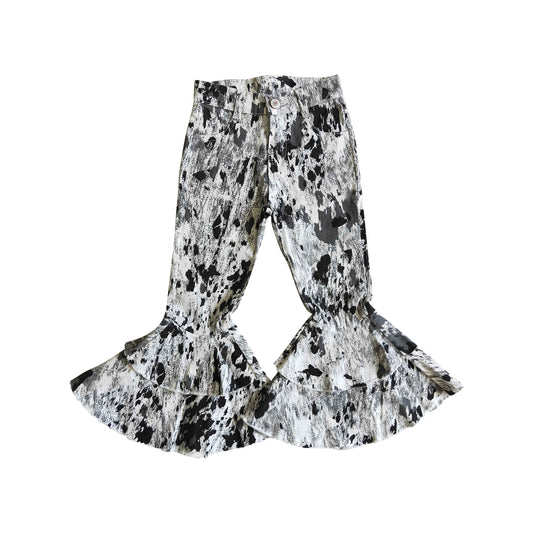 black and white spotted cowhide flared ruffle pants