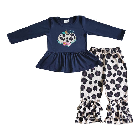girl cotton leopard pumpkin embroidery outfit fall clothes