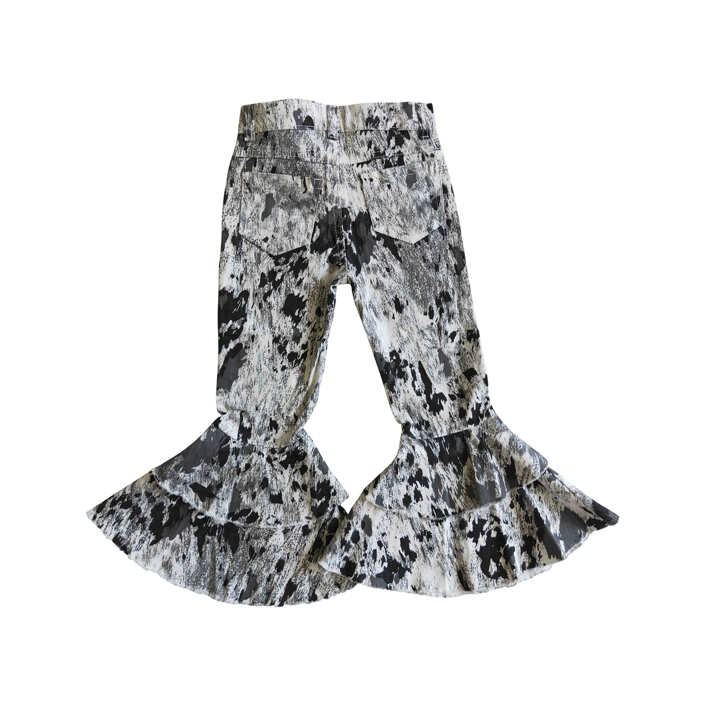 black and white spotted cowhide flared ruffle pants