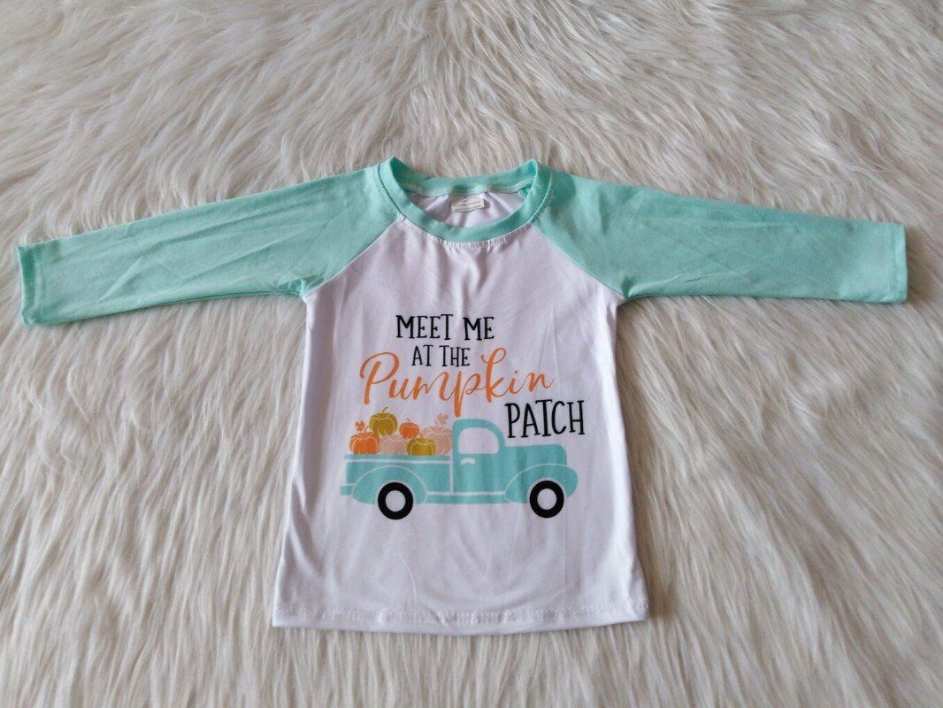kids mint green pumpkin truck raglan shirt