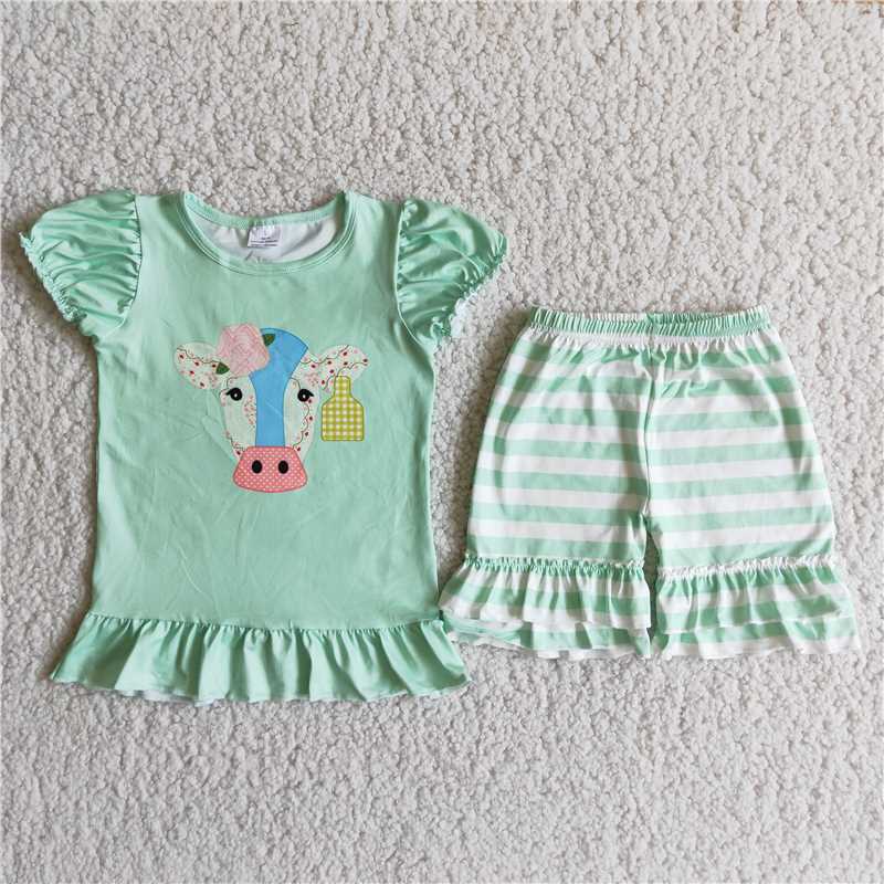 mint green cow print shorts set girl summer clothes