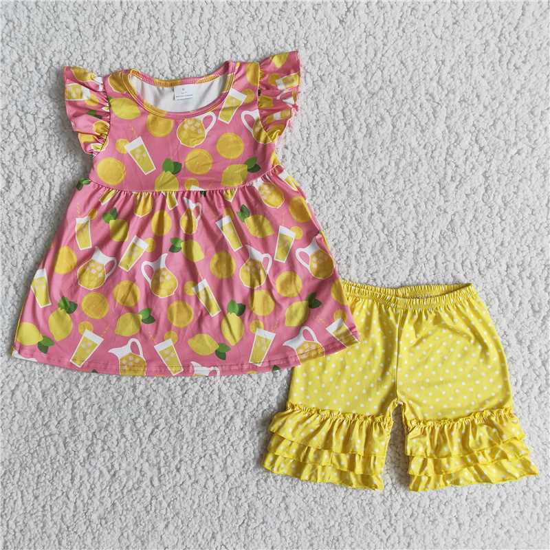 girl’s summer outfit lemon juice shorts set D12-16