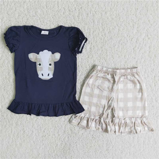 cow embroidery plaid shorts set girl