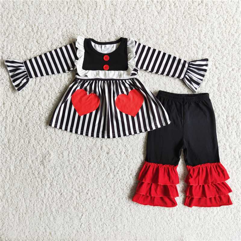 Stripe Tunic With Hear Print Ruffle Pants Set Valentine's Day Outfit Girl 6 B7-38