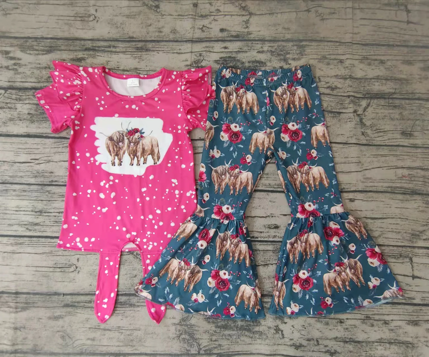 Pink & Teal Splatter Highland Cows Bell Bottoms Outfit