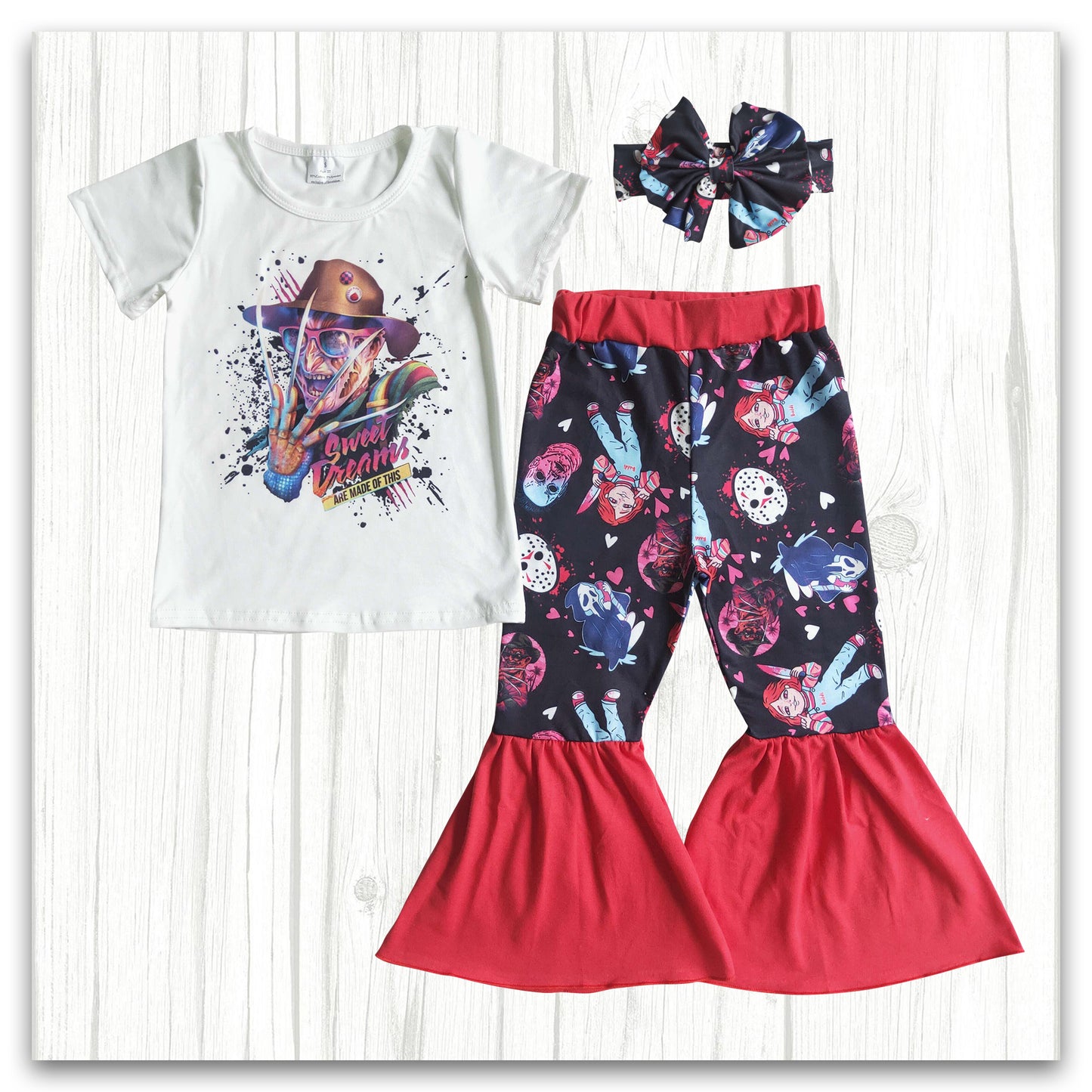 girl white t-shirt halloween outfit with bow chuck doll