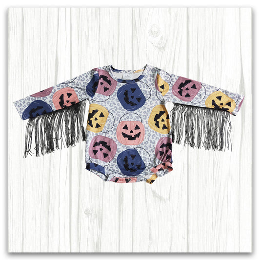 halloween pumpkin face fringe romper