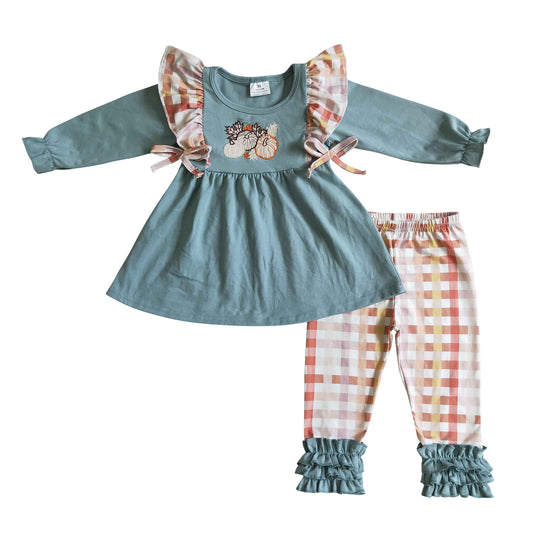 girl fall pumpkin embroidery ruffle outfit