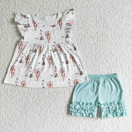 summer horse outfit cotton ruffle shorts set