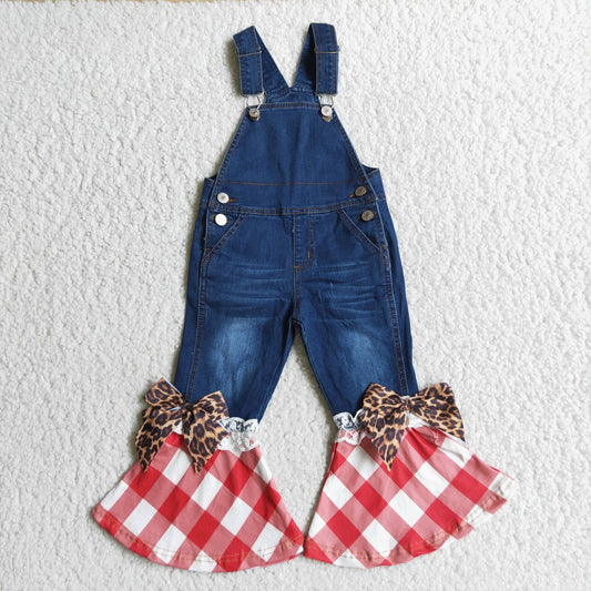 Plaid Botton Bells Denim Overall With Bow