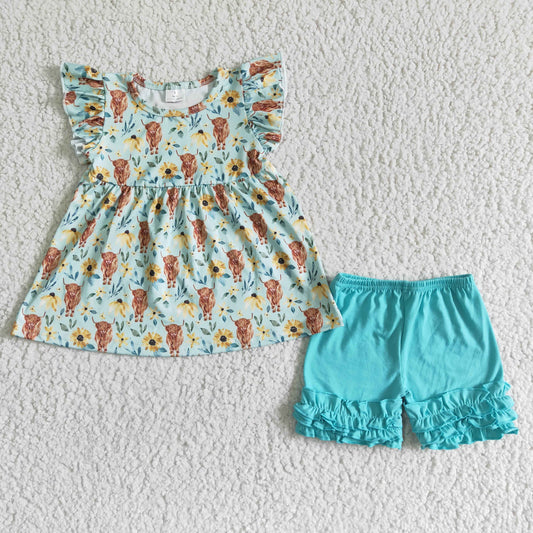 flutter sleeve floral cows outfit cotton ruffle shorts set