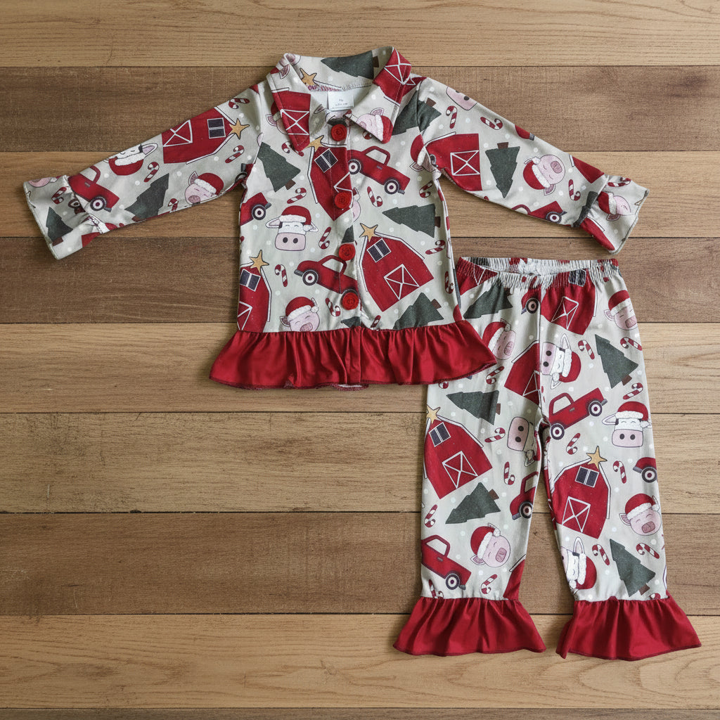 girl red Christmas cow pig farm house button pajama outfit