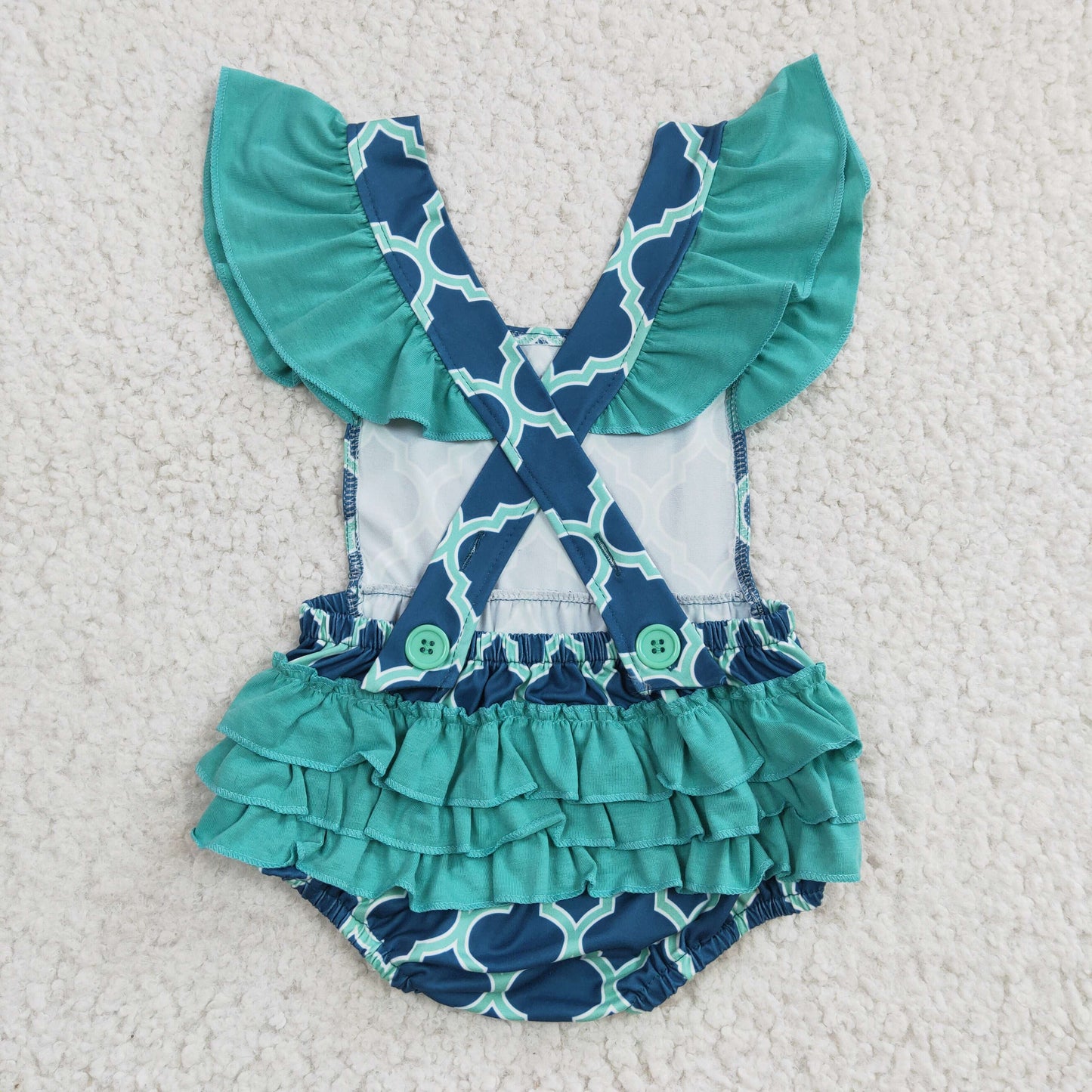 baby girl green ruffle cross romper