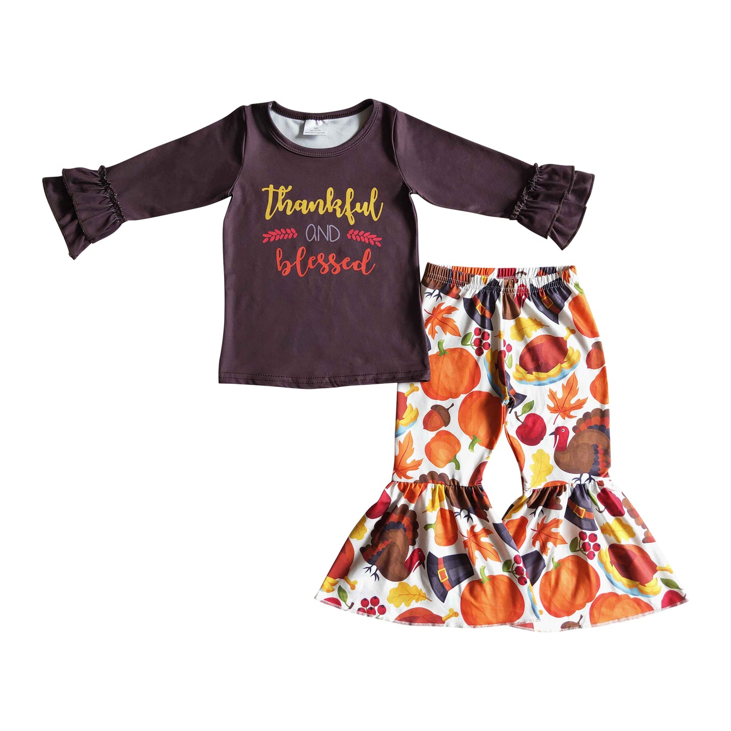 kids clothing brown shirt turkey pants set thankful and blessed