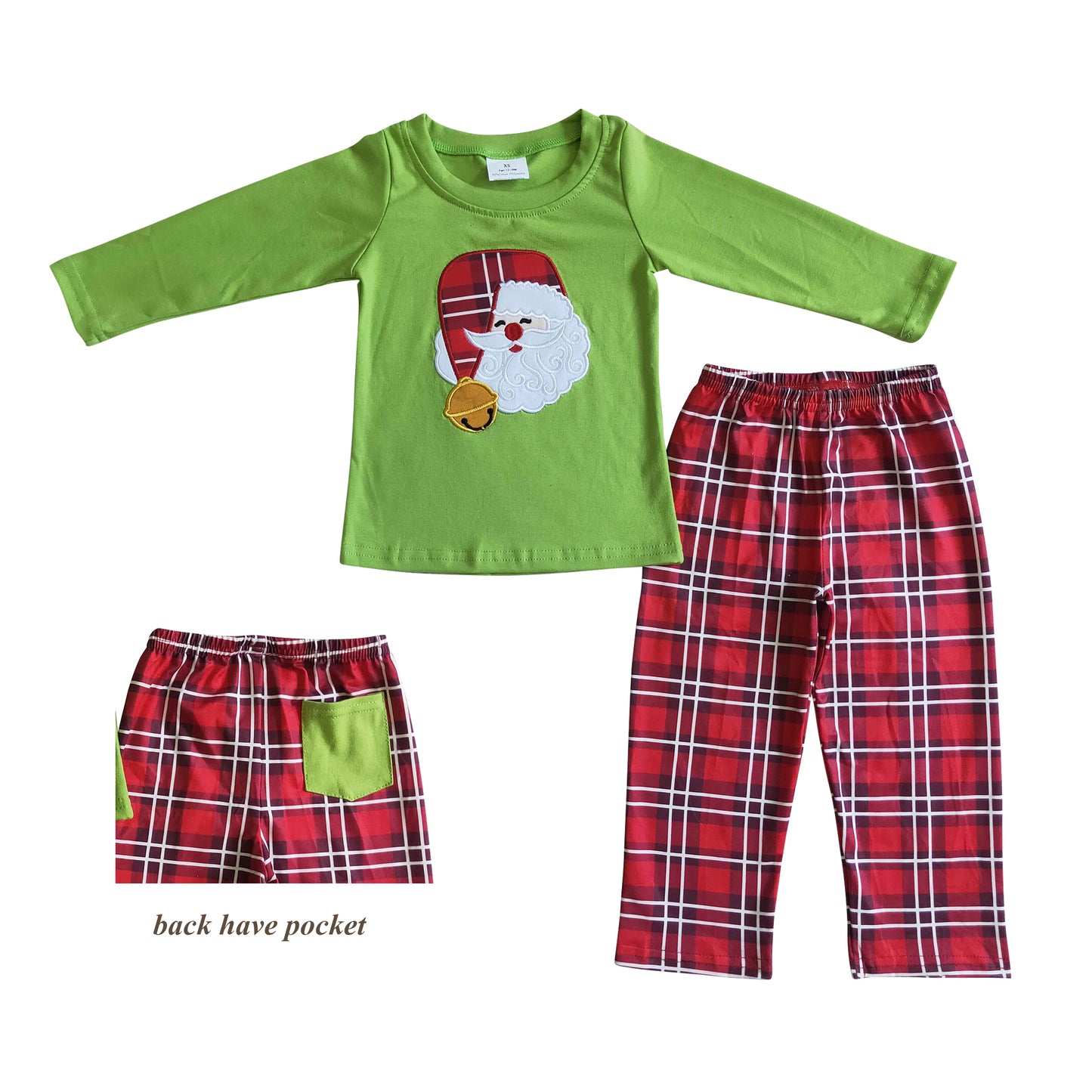 boy green cotton shirt plaid pants set christmas Santa