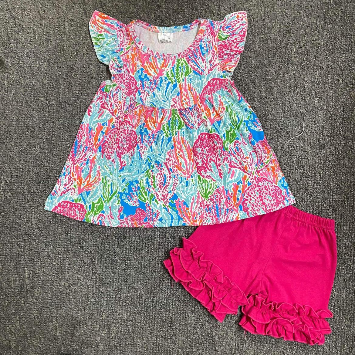 Pre-Order baby girl's outfit reefspattern hotpink ruffle shorts set