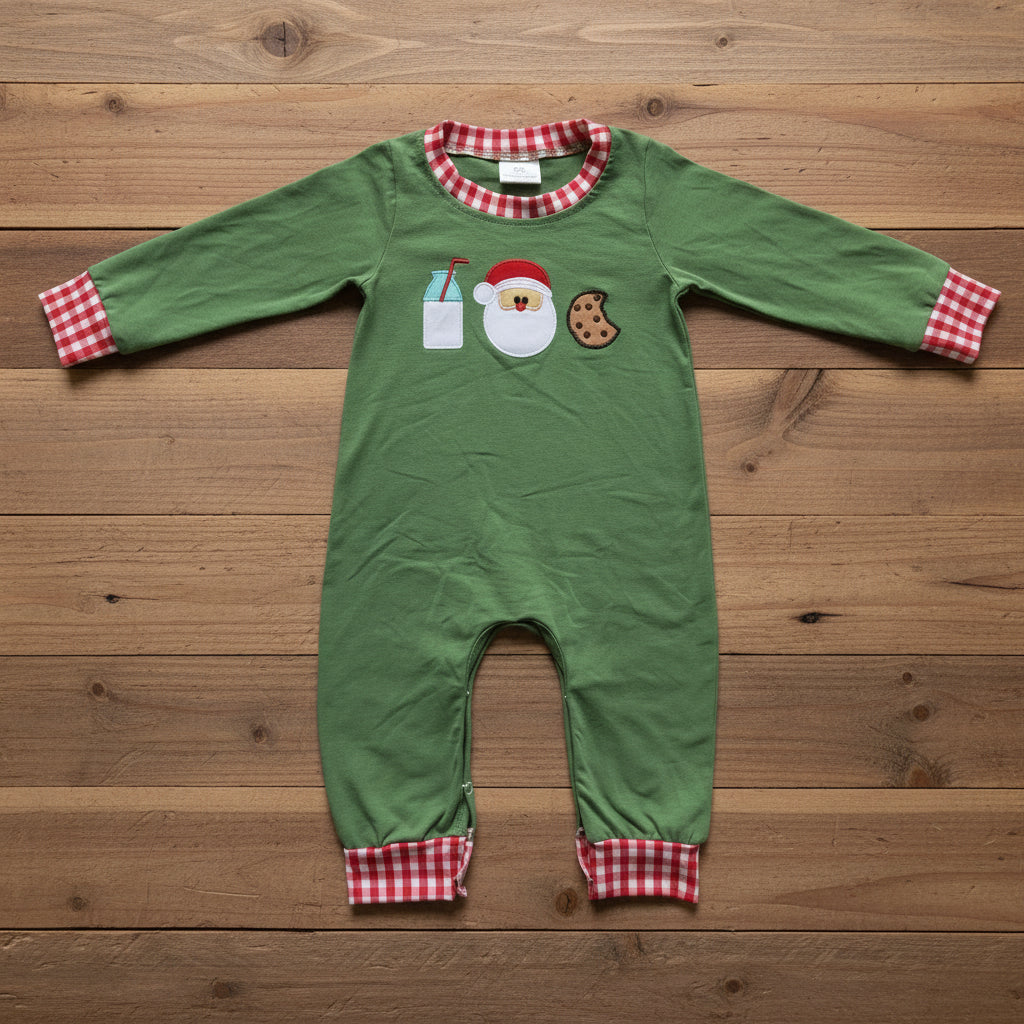 christmas cookie embroidery green cotton romper for baby boy