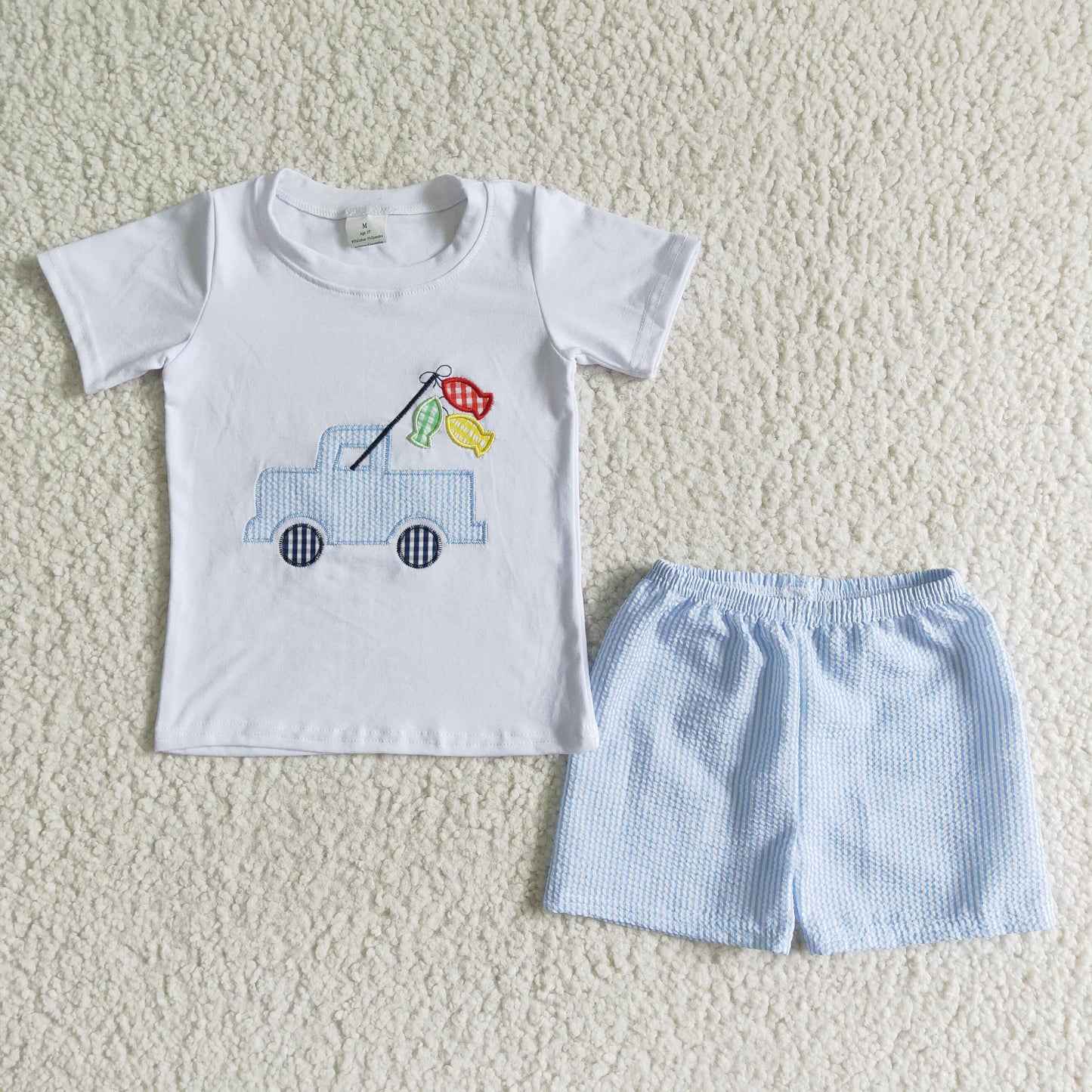 boy's fishing truck embroidery sky blue seersucker shorts set outfit