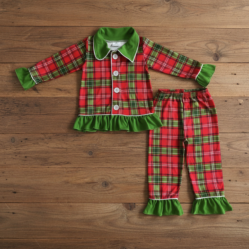 green red plaid ruffle pajamas with button christamas pajamas for girls