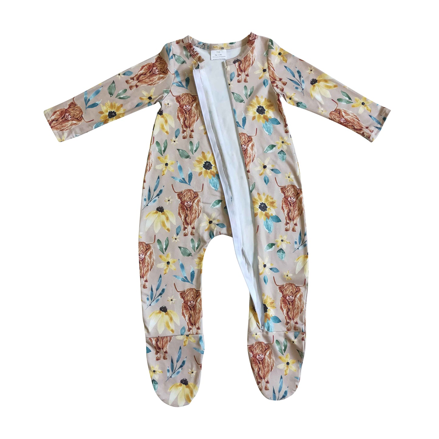 baby long sleeve highland cow print footie zip sleeper