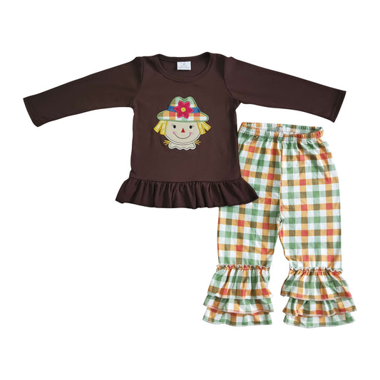 girl fall scarecrow embroidery outfit plaid ruffle pants set