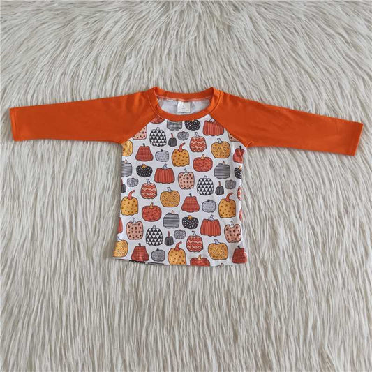 Orange Long Sleeve Pumpkin Print Shirt Fall