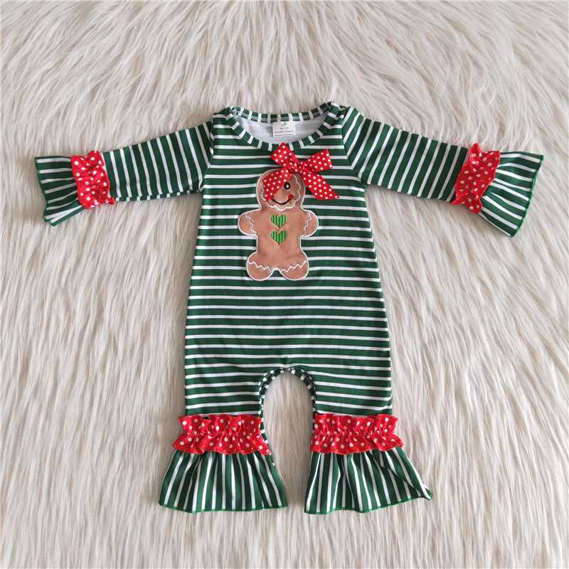 Green Stripe Gingerbread Embroidery Girls Romper