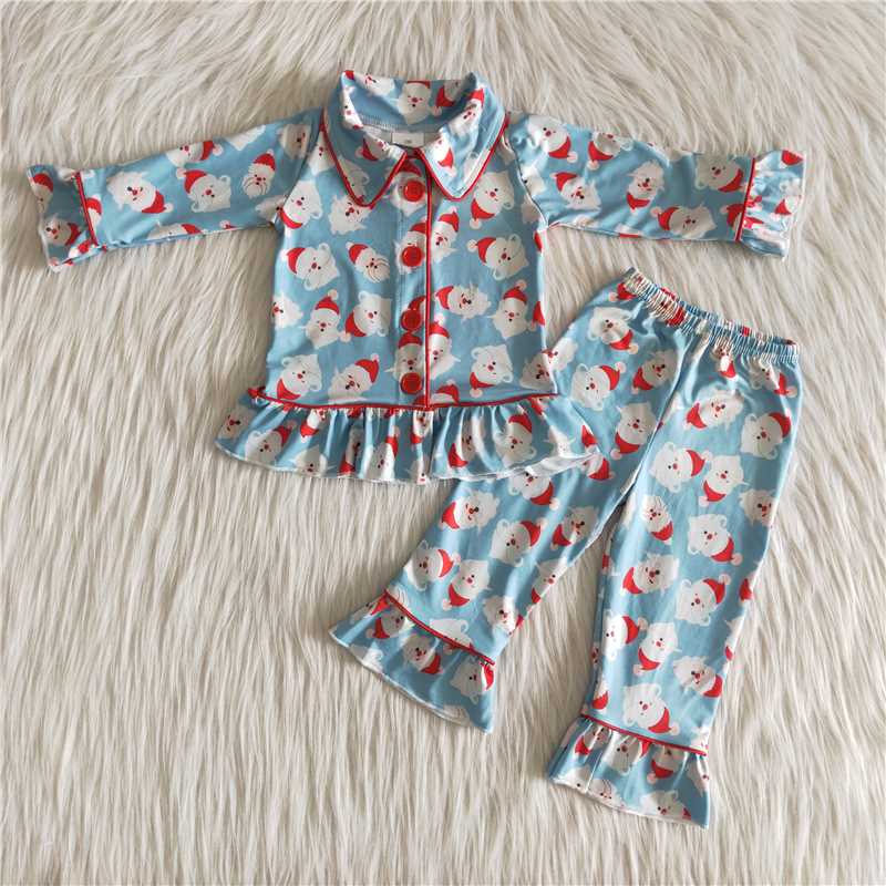 toddler girl blue santa claus pring button ruffle pajama set