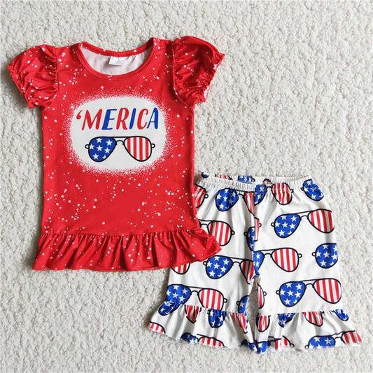 4th of july red white blue glasses shorts set girl’s outfit