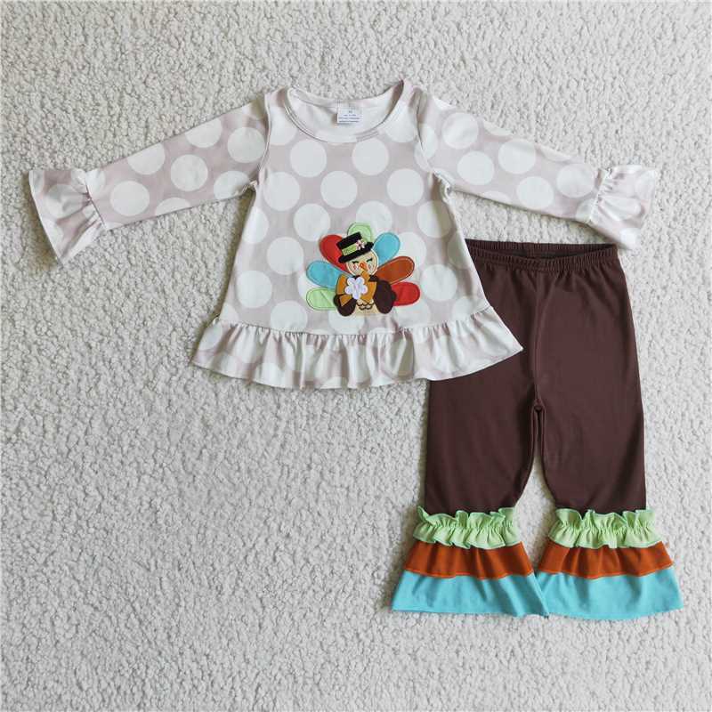 boy thanksgiving turkey embroidery brown pants set